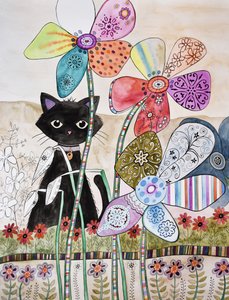 Gatto dietro ai fiori da Marys Watercolors