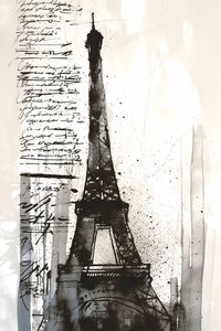 Quadro impressionista con schizzi di vernice nera sulla torre Eiffel, stampa su tela con cornice su richiesta da F. Abderrahim