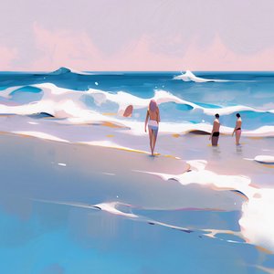 Gente sulla spiaggia Acquerello minimalista con onde, decorazione murale in vendita da F. Abderrahim