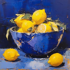 Vaso di ceramica blu con limone in cucina, decorazione da parete con cornice da F. Abderrahim