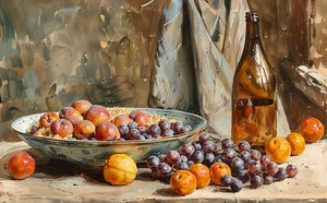 Una natura morta, frutta e bottiglia di vino, pittura a pennello, decorazione murale in vendita