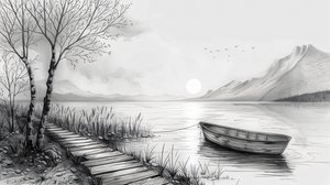 Barca in mezzo a un fiume, disegnata con linee nere, stampe su tela personalizzate online da F. Abderrahim