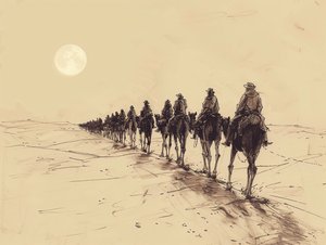 Desert Sun Procession Minimalist Single-Line Sketch, decorazione murale in vendita da F. Abderrahim