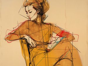 Illustrazione di moda e disegno di donna seduta, Ritratto in abito elegante marrone, stampe d