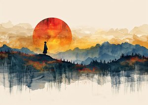 Geisha in piedi, paesaggio minimalista e tramonto, decorazione murale moderna | stampa su richiesta