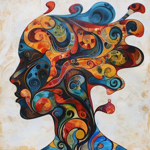 silhouette di donna, capelli colorati e vortici, stampe su tela di grandi dimensioni da F. Abderrahim