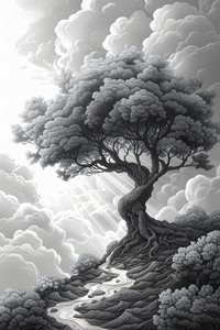 Maestosa formazione rocciosa, portale naturale, tempesta e albero drammatico, decorazione da parete con cornice, da F. Abderrahim