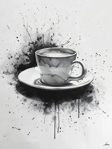 Scena noir minimalista a linea singola con macchie di caffè in evidenza, stampe d