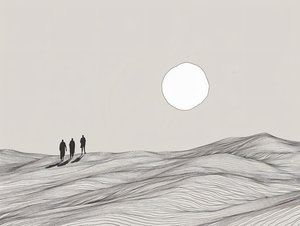 Schizzo minimalista, Uomini che camminano in una processione al sole del deserto, stampe d