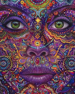 Donna psichedelica con volto colorato, motivi spirituali e mandala, stampe su tela da F. Abderrahim