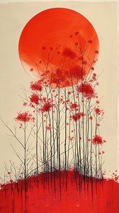 Tramonto su una collina di fiori rossi pittura, verticale muro Decor per la vendita da F. Abderrahim
