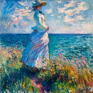 Giovane donna vestita nella natura, in piedi sulla spiaggia, stile Monet