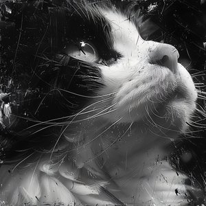 Schizzo minimalista in bianco e nero ingrandito di un volto di gatto, stampe d