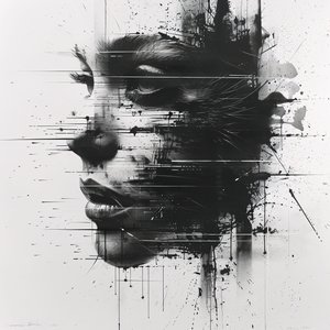 Ritratto ingrandito di uno schizzo del volto di una donna minimalista in bianco e nero da F. Abderrahim