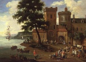Pescatori che scaricano il loro pescato e gentiluomini che partono da una casa padronale