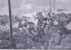 Carica dei fucilieri scozzesi a Frederikstad, illustrazione da After Pretoria: The Guerilla War, 1902 da A. C. Ball