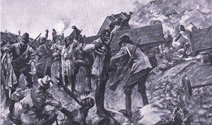 Il deragliamento del treno vicino a Taaibosch, da Dopo Pretoria: La guerra di guerriglia pubblicata da Harmsworth Bros Limited, 1901