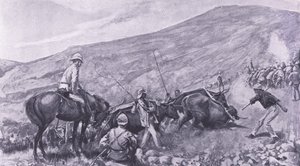 Difficoltà di trasporto a Barberton: come i cannoni e i carri sono stati portati su per le montagne, illustrazione da After Pretoria: The Guerilla War, 1902