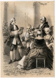Antoine-Marin Lemierre legge Hypermnestra a Jean-Baptiste Vivien de Chateaubrun, illustrazione da 