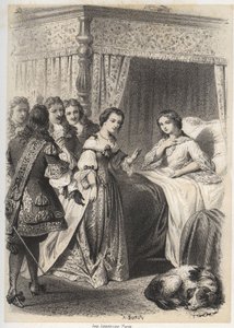 Madame Deshoulières, Antoinette Ligier de La Garde (1637-1694) sopraffatta dalle domande del suo entourage dopo una notte passata con la paura del fantasma. Incisione di A. Duruy in 