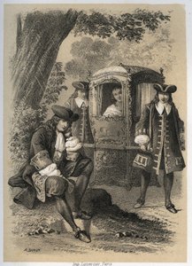 Marie Anne Mancini (1649-1714) Duchessa di Bouillon andando una mattina a Versailles vide Jean de la Fontaine (Lafontaine) alzarsi sotto un albero; la sera lo trovò nello stesso posto. Incisione di A. Duruy in "Illustrations litteraires de la France" da A. Duruy