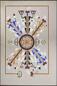 Disegni che raffigurano il luogo di sepoltura di "Cadunce" un "Medicine Man" Chippewa, un dipinto di sabbia Navajo e dipinti su pietra Crow da A. Grossman