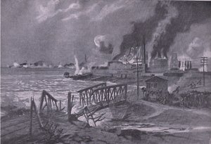 Distruzione di un cantiere navale a Bari (Italia) da parte dei cacciatorpediniere austro-ungarici, da La storia illustrata della prima guerra mondiale 1914-1915 pub. da Union Berlagsefellfchaft da A. Kircher