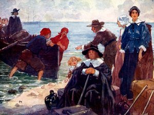 Un gruppo di esiliati ormeggia la loro barca sulla selvaggia costa del New England, 1620, 1905 da A. S. Forrest