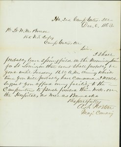 Lettera firmata A.S. Norton, Maggiore Comandante, Quartier Generale, Camp Yates, Ill., al 1° Tenente W.M. Breese, 16° Fanteria U.S., Camp Gates, Ill., 6 dicembre 1863 da A. S. Norton