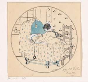 Ragazza vuole sollevare il bambino dalla culla da A. Tinbergen (signed by artist)