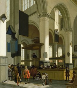 Interno della Oude Kerk, Delft, con un predicatore