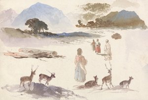 Foglio di studi di cervi, figure e paesaggio