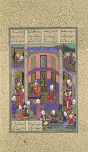 Manuchihr accoglie Sam ma ordina guerra contro Mihrab, Folio 80v dallo Shahnama