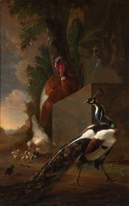 Un pavone, un tacchino e una gallina con i suoi pulcini accanto a una fontana classica in un paesaggio da Abraham Bisschop