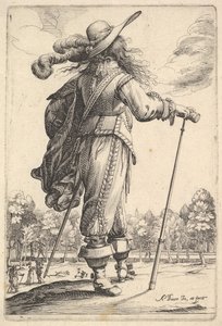 Gentiluomo, visto da dietro, che cammina verso destra con un bastone e indossa un cappello piumato da Abraham Bosse