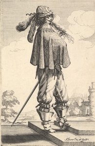 Un gentiluomo che indossa un cappotto corto, un elmo e stivali con speroni, in piedi sui gradini e..., 1629