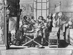 Serie di incisioni (acquaforte) intitolata "Il matrimonio con la città" del 1633 di Abraham Bosse - "Parto": sul letto di lavoro. da Abraham Bosse
