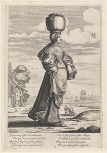 Donna che cammina verso destra in un paesaggio, portando una pentola sulla testa da Abraham Bosse