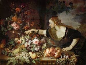 Donna con fiori e frutta