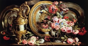 Natura morta con argento e fiori