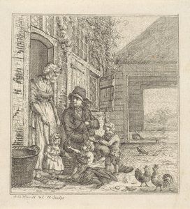 Uomo e donna con bambini presso una porta da Abraham Bruinings Worrel