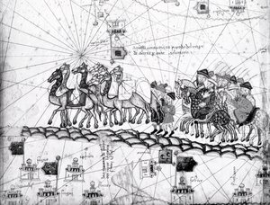 Ms Esp 20 pannello 4, Mercanti in viaggio verso Cathay, Cina, seguendo le orme di Marco Polo, (dettaglio) da Abraham Cresques