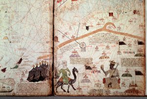 Lo stretto di Gibilterra e il Nord Africa segnano le bandiere dei Mori, a destra il re del Mali Kanga Moussa, che mostra il Globo d