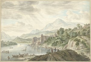 Paesaggio collinare con un castello su un fiume da Abraham Delfos