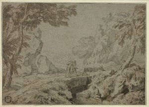 Paesaggio con satiro, capre e altre figure