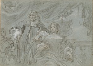 Gruppo di una signora seduta e un gentiluomo in piedi, figure a mezzo busto. Sullo sfondo un africano nero e un cane, a destra una balaustra da Abraham Lambertsz. van den Tempel