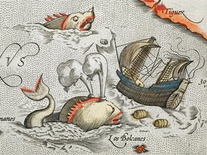 (Dettaglio). Mostri marini che attaccano una nave. da Abraham Ortelius
