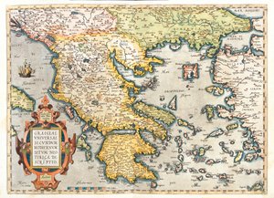 Croazia (Contea di Dubrovnik-Neretva), Bosnia-Erzegovina meridionale, Serbia meridionale, Bulgaria meridionale, Montenegro, Albania, Macedonia, Grecia, Turchia occidentale. da Abraham Ortelius