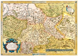 Germania (Stato: Bassa Sassonia, Sassonia-Anhalt, Brandeburgo, Berlino, Assia, Turingia, Sassonia, Baviera), Repubblica Ceca (Regione: Liberec, Boemia centrale, Praga, Ústí nad Labem, Plze, Karlovy Vary) da Abraham Ortelius