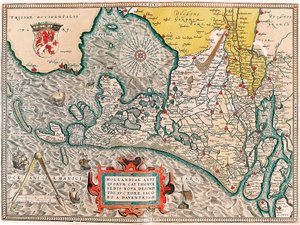 Hollandiae antiquorum catthorum sedis nova descriptio, auctore lacobo a daventria Mappa geografica del territorio dei Paesi Bassi con le città di Amsterdam e Haarlem... tratta da 